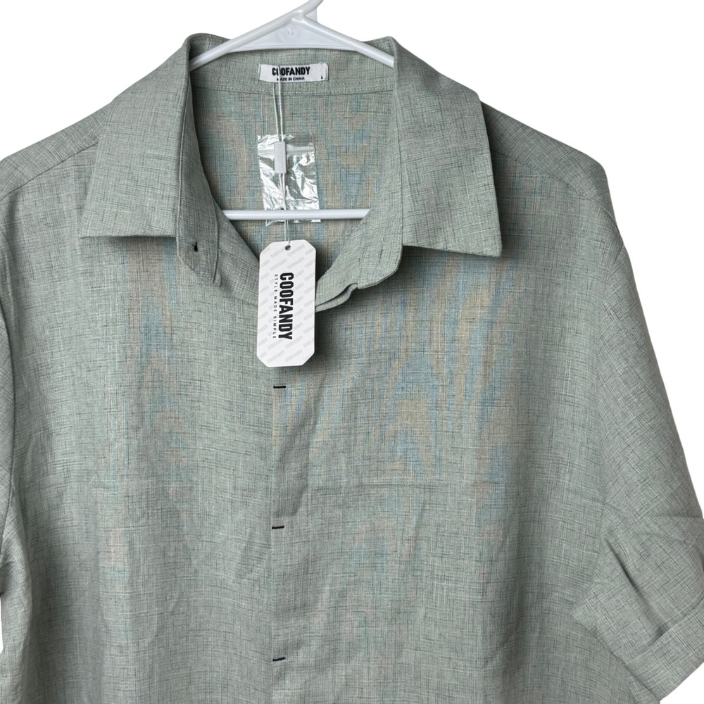 COOFANDY Button Down Shirt Mens L Green Linen Blend Short Sleeve NEW